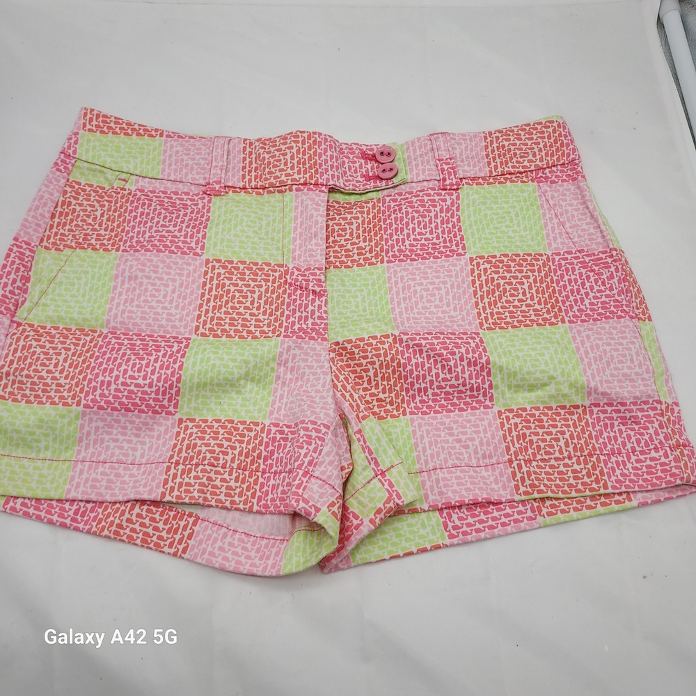 Vineyard Vines Womens Pink Green Whale Mosaic Patchwork Shorts 2 2H0160